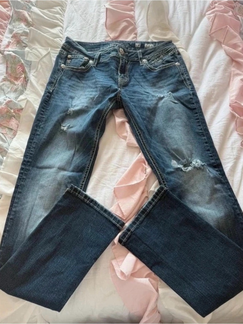Miss Me Distressed Bootcut Jeans in Dark Blue Wash